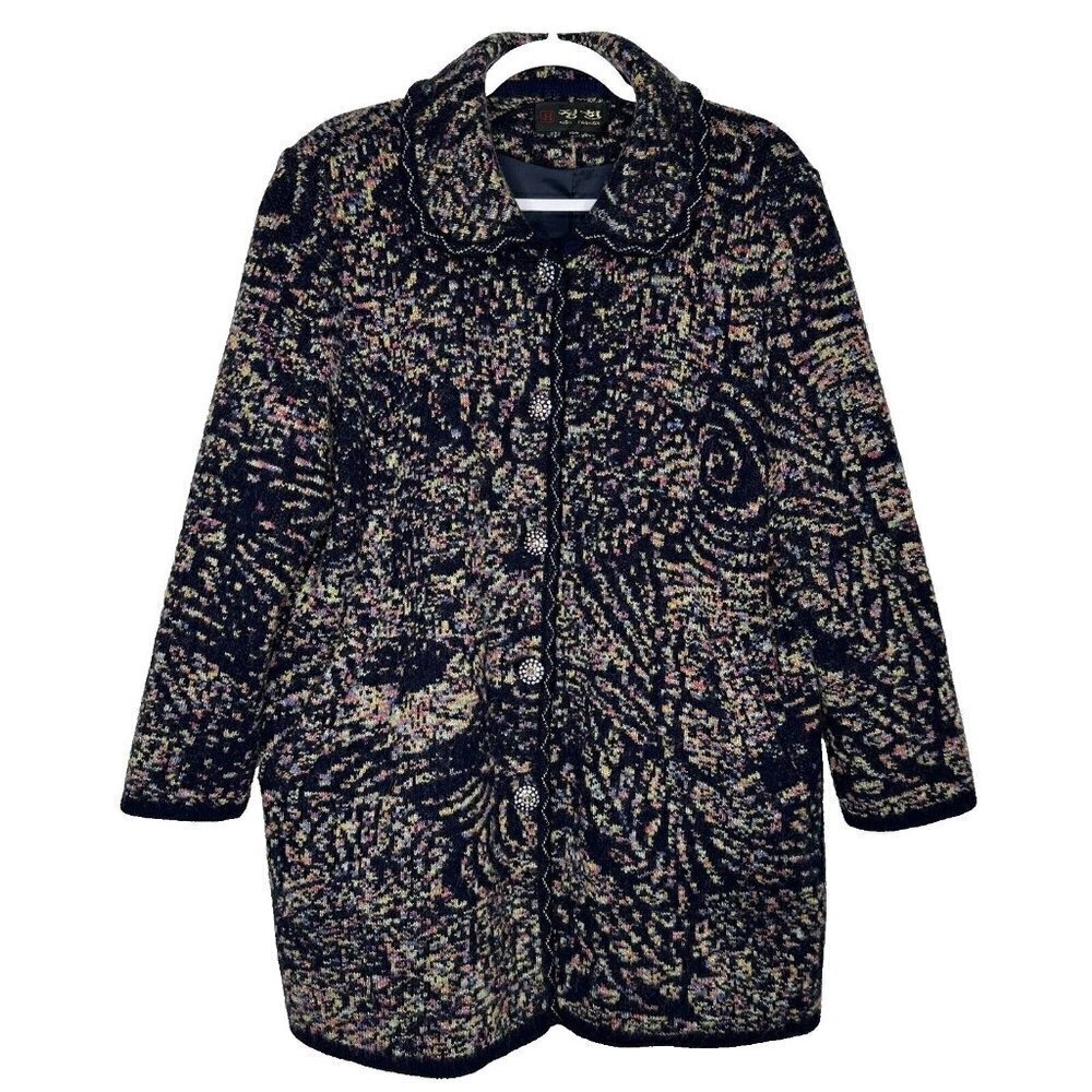 Wool Coatigan Intarsia‎ Jeweled Buttons Cardigan Sweater Size US 2XL